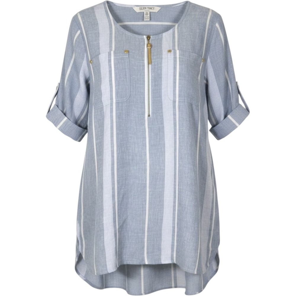 100% Linen Ellen Tracy Tunic Women Medium Blue Striped Roll-Tab Quarter Zip